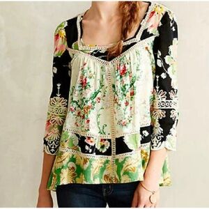 Anthropologie Green and Black Peplum Blouse